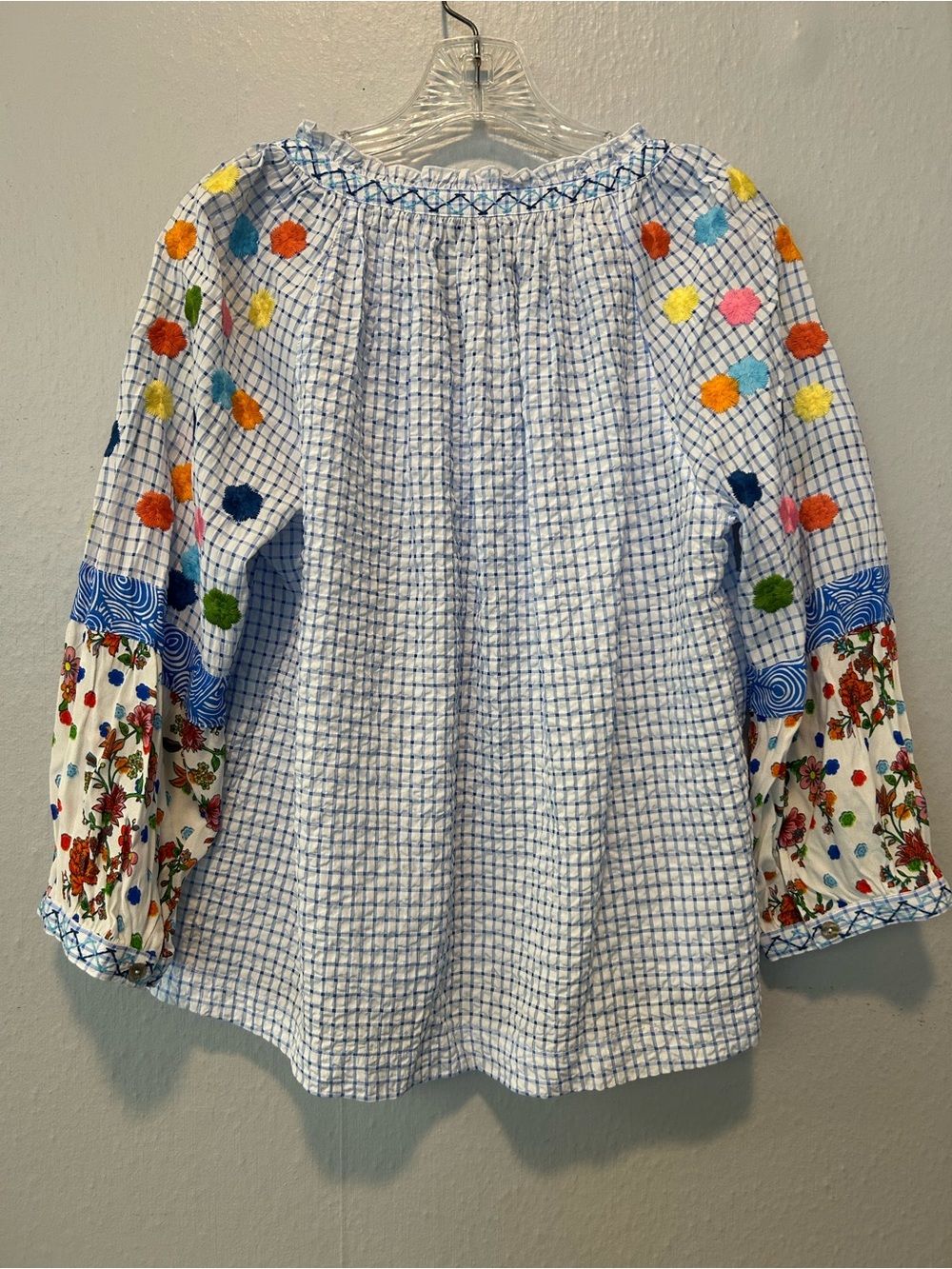 John Mark Blue Checked Peasant Blouse with Multicolor Embroidered Sleeves - Picture 7 of 7